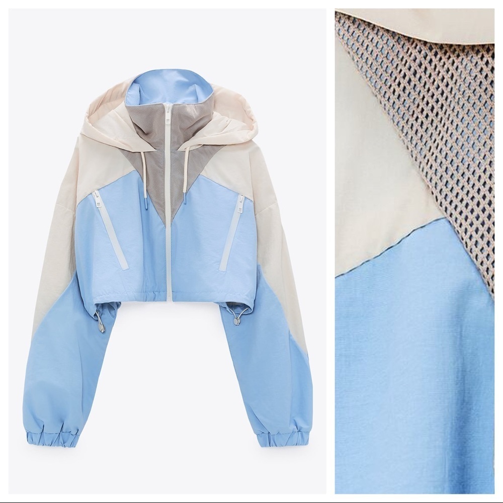 NWT. Zara Blue/Cream Combination Cropped Raincoat/Windbreaker Jacket. Size M. - Picture 4 of 8